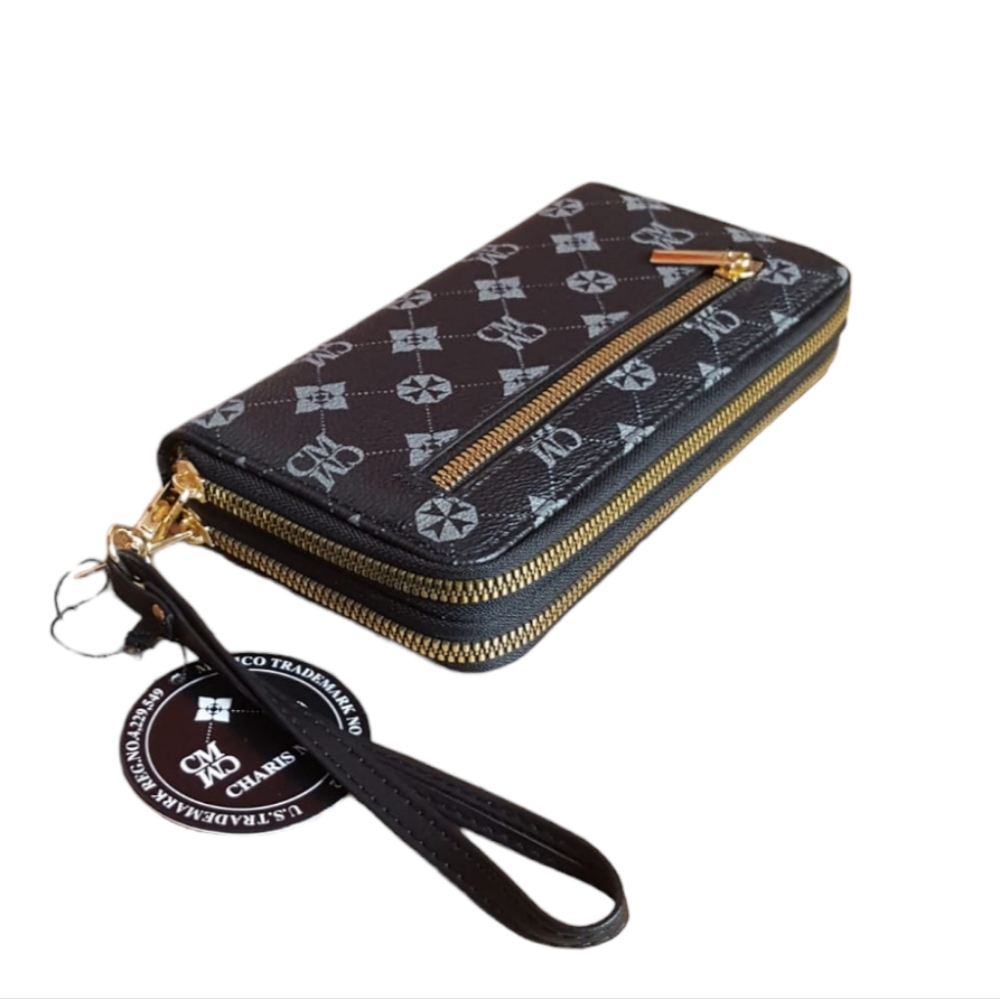 Leather wallet Black women Wristlet Purse Clutch round zipper Charis Ma